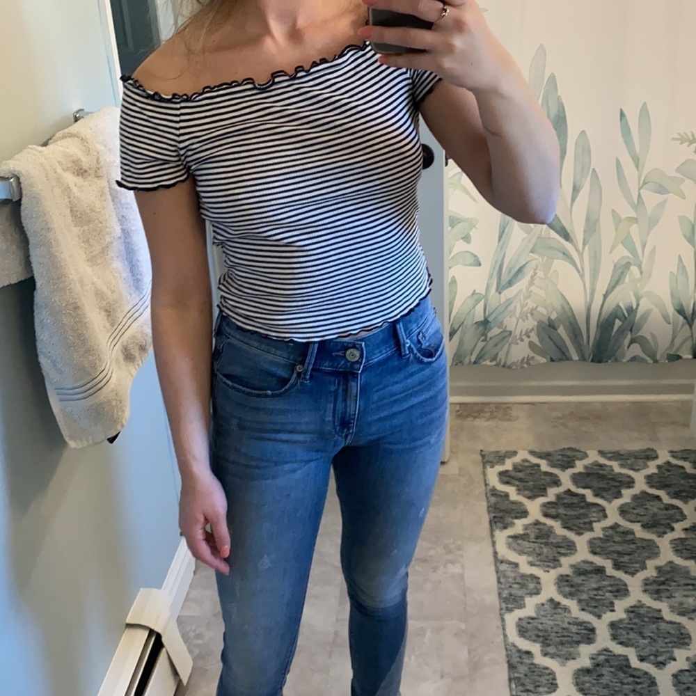 Off the shoulder navy blue and white striped crop top